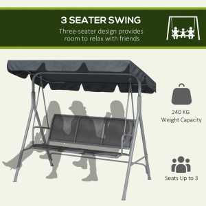 Leagăn de grădină 3 locuri cu acoperiș parasolar reglabil și detașabil, șezut respirabil din poliester, capacitate 240 kg, 171x108x154 cm, gri închis - Img 7