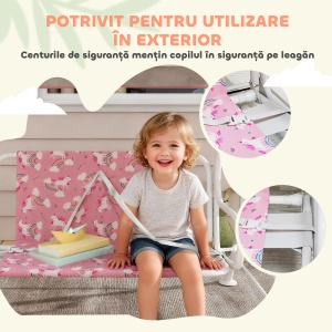 Leagăn pentru Copii de Exterior cu 2 Locuri, Acoperiș Reglabil și Centuri de Siguranță, Leagăn Grădină și Interior din Oțel și Material Oxford, Max 60 kg, 112x75x120 cm, Roz - Img 7
