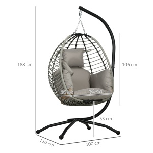 Leagăn pentru Exterior cu Pernă Capitonată, Scaun Suspendat pentru Terasă cu Suport Metalic, Cos Pliabil, 110x100x188 cm, Gri - Img 3
