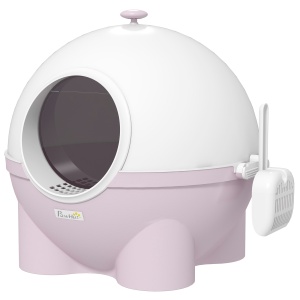 Litieră pentru Pisici cu Capac și Lopățică Inclusă, Capacitate Max 4 kg, 53x51x48 cm, Alb și Roz - Img 1