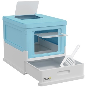 Litieră pentru Pisici Închisă cu Lopățică, Tavă Detașabilă și 2 Uși, 47.5x35.5x36.7cm, Albastru