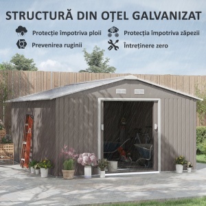 Magazie de Gradina cu Usi Duble Glisante si Acoperis Inclinat, Sopron de Gradina din Otel si PP, 3.4x4x2m, Gri - Img 4