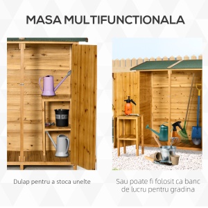 Magazie de Gradina din Lemn cu 2 Usi cu Taburet Inalt cu 2 Rafturi si Acoperis Hidrofug, 140x75x157 cm - Img 4