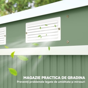 Magazie de gradina din otel cu acoperis inclinat, usa glisanta dubla si orificii de aerisire, 213x130x173 cm, verde - Img 7