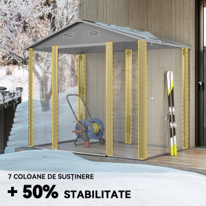 Magazie de Gradina, Suport pentru Unelte din Otel cu Usi Glisante si Orificii de Aerisire, 236x196x210cm, Maro - Img 5