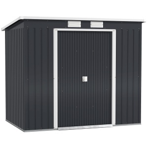 Magazie de Unelte pentru Grădină din Metal cu Kit Fundație, Uși Duble, Grile de Aerisire și Acoperiș Înclinat, Gri - Img 1