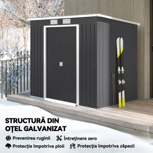 Magazie de Unelte pentru Grădină din Metal cu Kit Fundație, Uși Duble, Grile de Aerisire și Acoperiș Înclinat, Gri - Img 4