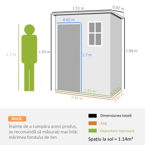 Magazie pentru Gradina 1.5 x 1 m, Magazie pentru Scule cu Usa care se Incuie, Fereastra si Ventilatie, Gri - Img 3