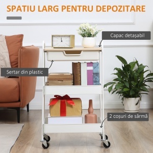 Masă de bucătărie cărucior de servire 2 rafturi sertar tavă aspect de lemn deschis oțel PP alb - Img 4