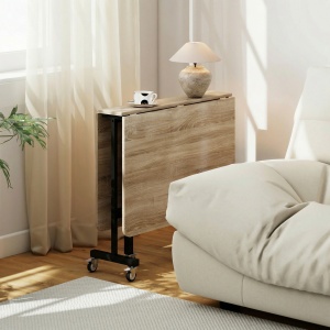 Masă de Dining Pliabilă, Masă de Bucătărie Rabatabilă cu Roți și Frâne pentru 4-6 Persoane, Birou Compact cu Structură din Oțel, pentru Living, 120x80x73 cm, Stejar - Img 9