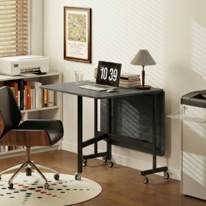 Masă de Dining Pliabilă, Masă de Bucătărie Rabatabilă cu Roți și Frâne pentru 4-6 Persoane, Masă Compactă cu Structură din Oțel, 120x80x73 cm, Negru cu Efect de Lemn - Img 8