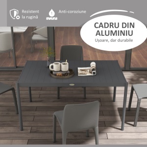 Masă de Grădină cu Lamele, Dimensiuni 145x90 cm, Masă de Dining pentru 6 Persoane, Rectangulară, din Aluminiu și Oțel, pentru Curte, Terasă, Balcon și Exterior, Gri Închis - Img 4