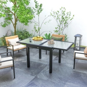 Masă de Grădină Extensibilă cu Blat din Sticlă 80-160x80x75 cm Negru - Img 8