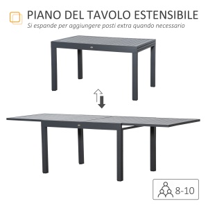 Masa de Gradina Extensibila pentru 8-10 Persoane cu Structura din Aluminiu, 135-270x90x75cm, Gri - Img 4