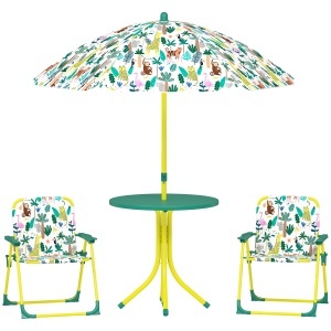 Masă de Picnic pentru Copii, Set Masă și Două Scaune Pliabile cu Umbrelă Demontabilă, Tematică Jungle, Mobilier de Exterior pentru Grădină, Terasă, Verde