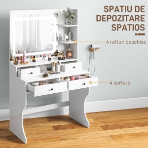 Masă de Toaletă cu Oglindă Iluminată LED, Masă de Machiaj cu Stație de Încărcare, 4 sertare și rafturi de depozitare, 90x45x160 cm, Alb - Img 6