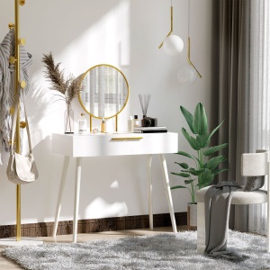 Masă de Toaletă/Machiaj cu Oglindă și 2 Sertare pentru Accesorii, Toaletă de Machiaj din Lemn, 80x40x123 cm, Alb - Img 2