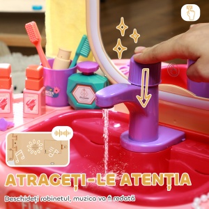 Masă de Toaletă pentru Fetițe 3-6 Ani cu Oglindă din Acrilic și Robinet, Jucărie pentru Copii din Plastic, 55x29x71 cm, Roz - Img 6