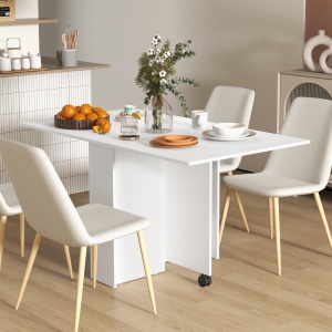 Masă Pliabilă și Extensibilă pentru 4-6 Persoane cu 2 Rafturi și 2 Roți, din Lemn și Metal, 140x80x74 cm, Alb - Img 2