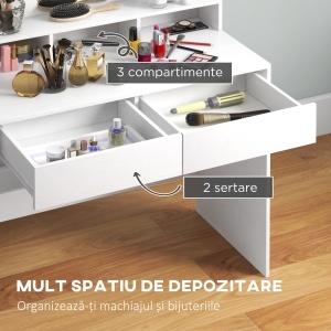 Masă Toaletă cu Oglindă și Lumină Reglabilă, 2 Sertare și 3 Compartimente Alb - Img 5
