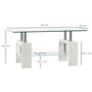Măsuță de Cafea Dreptunghiulară din Sticlă, Masă Centrală cu 2 Niveluri și Raft de Depozitare, 90x50x42 cm, Alb - Img 3