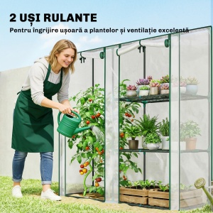 Mini Seră cu 3 Rafturi, 2 Uși Rulabile, Seră pentru Grădină cu Cadru din Oțel și Acoperire din Plastic pentru Plante, Legume, Flori, Fructe, Anti UV, 143x45x151 cm, Transparentă - Img 5
