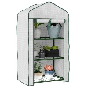 Mini Seră pe 3 Nivele cu Acoperiș PE Întărit, Seră Portabilă cu Ușă Rulantă și Rafturi din Sârmă, 59x39x127 cm, Alb - Img 1