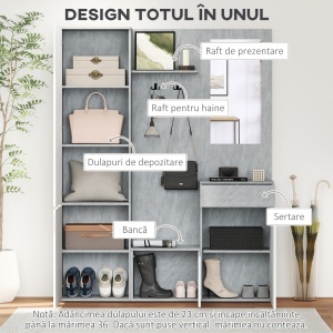 Mobilier 4 în 1 cu Oglindă, Cuiere și Rafturi Interioare Reglabile, Mobilier Multifuncțional, 145x29x184 cm, Gri - Img 4
