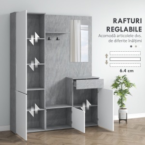 Mobilier 4 în 1 cu Oglindă, Cuiere și Rafturi Interioare Reglabile, Mobilier Multifuncțional, 145x29x184 cm, Gri - Img 6
