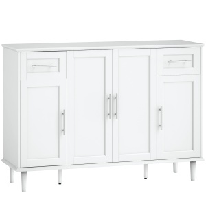Mobilier de Sufragerie, Credență cu 2 Sertare și 3 Dulapuri cu Rafturi Reglabile, Comodă cu Picioare din Pin pentru Sala de Mese și Bucătărie, 120x38x86 cm, Alb - Img 1