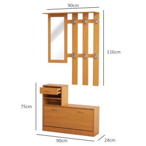 Mobilier Garderoba Dulap Pantofi Reglabil cu Oglinda si Cuier 6 carlige pentru Hol si Dormitor 90x22x116cm Lemn - Img 3