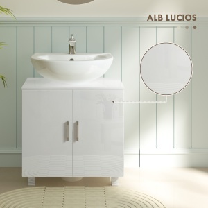 Mobilier Sub Chiuvetă pentru Baie cu 2 Uși, Raft Central, Mâner și Picioare Antiderapante, 60x35x60 cm, Alb Lucios - Img 6