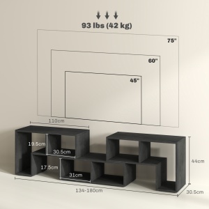 Mobilier TV 75" cu 2 Rafturi în Formă de L și Raft Dreptunghiular, 134-180x30,5x44 cm, Negru - Img 3