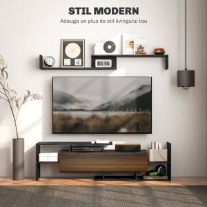 Mobilier TV cu Raft de Perete, Rafturi Deschise și Dulăpior din Lemn, 153,6x25x42 cm, Negru - Img 4