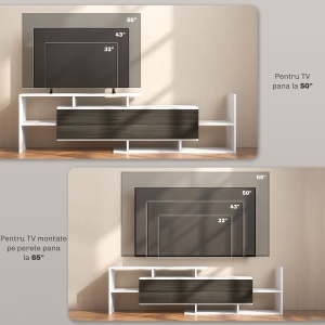 Mobilier TV cu Raft de Perete, Rafturi Deschise și Dulăpior din Lemn, Mobilier TV Modern, 153,6x25x42 cm, Alb - Img 7