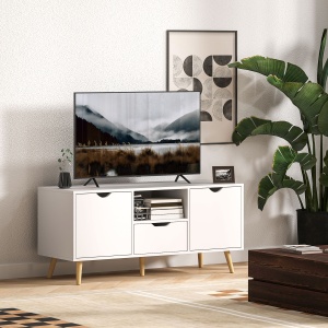 Mobilier TV de 50" cu Sertar, Raft Deschis și 2 Dulapuri, Mobilier TV cu 5 Picioare din Lemn, 110x40x50 cm, Alb - Img 2