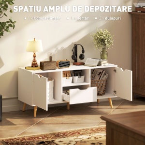 Mobilier TV de 50" cu Sertar, Raft Deschis și 2 Dulapuri, Mobilier TV cu 5 Picioare din Lemn, 110x40x50 cm, Alb - Img 4