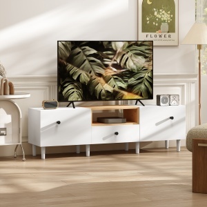 Mobilier TV, Suport TV până la 70" cu 2 Uși Rabatabile, Balamale Soft Close, Sertar, Raft Deschis, 8 Picioare, 150x35x45 cm, Alb și Lemn - Img 2