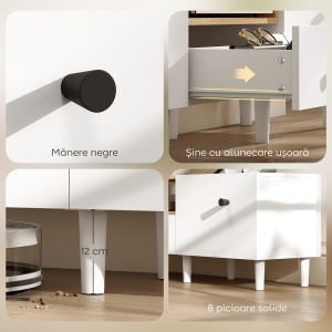 Mobilier TV, Suport TV până la 70" cu 2 Uși Rabatabile, Balamale Soft Close, Sertar, Raft Deschis, 8 Picioare, 150x35x45 cm, Alb și Lemn - Img 7