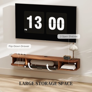 Mobilier TV Suspendat, Suport TV Până la 50" cu Sertar Rabatabil, 2 Rafturi Deschise și Orificiu pentru Cabluri, Mobilier pentru Televizor pentru Sufragerie, Dormitor și Sală de Stat, 120x24x16 cm, Nuc - Img 5