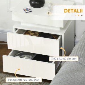 Noptiera alba cu lumina LED RGB, noptiera frontala lucioasa cu 2 sertare, pentru camera de zi, dormitor - Img 7
