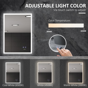 Oglinda de baie cu LED 70x50 cm, oglinda de cosmetica cu iluminare pentru perete, cu 3 lumini reglabile, plug-in, argintiu - Img 7