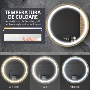 Oglindă de Baie Rotundă cu Lumină LED, Luminozitate Reglabilă și Întrerupătoare Touch, Ø60x4 cm, Auriu - Img 6