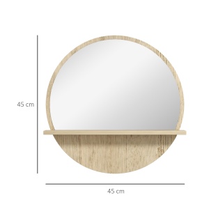 Oglindă de Baie Rotundă din PAL și Sticlă cu Raft pentru Depozitare și 2 Cârlige pentru Fixare, Ø45x10 cm, Lemn Natural - Img 3