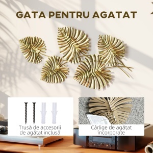 Operă de Artă Murală cu 5 Frunze de Monstera din Metal Auriu cu Accesorii de Montaj Incluse, 83x2.5x39 cm - Img 5
