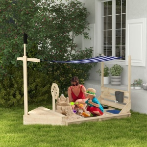 Outusunny Nisipar din Lemn pentru Copii cu Capac, Ladă de Nisip pentru Exterior cu Set de Joacă Inclus, 180x103x144,5 cm, Lemn Natural - Img 2