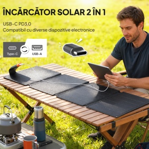 Panou Solar Pliabil 36W, Încărcător Solar Portabil cu Conector Type-C la USB-A, Alimentare pentru Exterior - Img 4
