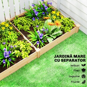 Pat de Grădină Ridicat pentru Exterior cu Separator Central și Bază Deschisă, Ghiveci din Lemn de Brad, pentru Flori, Legume pentru Balcon și Grădină, 235x121x26 cm, Culoare Lemn - Img 4