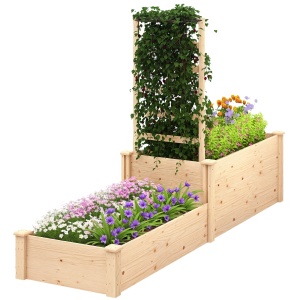 Pat Înălțat pentru Grădină cu Grilaj, Bază Deschisă și 2 Despărțitoare, 222x63x132 cm, Lemn Natural