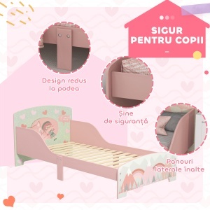 Pat pentru Copii 3-6 Ani cu Margini Înălțate și Model cu Animale, 77x143x60 cm, Roz - Img 5